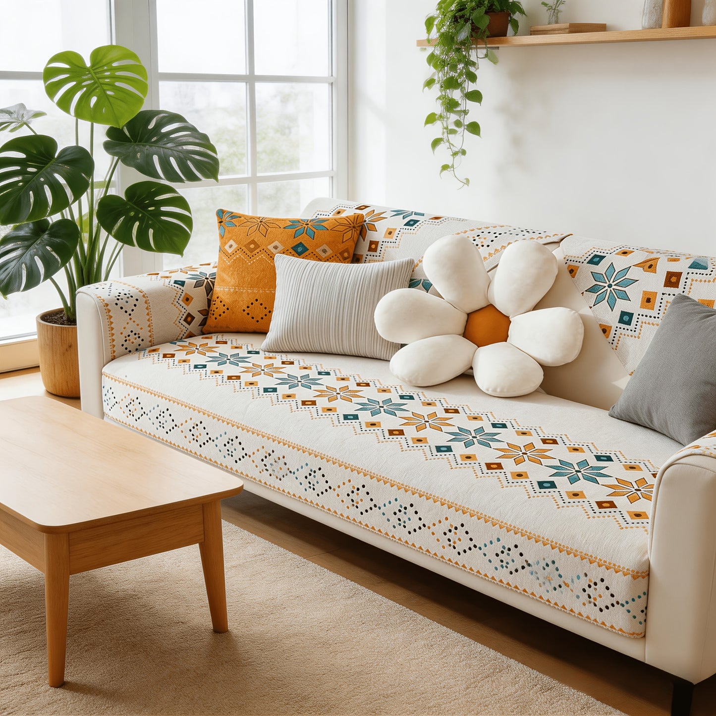 [Bohemian Sofa Cover] 1pc Bohemian Chenille Sofa Cover Compatible for Living Room, Bedroom, and Office Ethnic Style Sofa Cushion Cover with Anti-Slip & Cat Scratch Resistant, Skin-Friendly Spring St. Patrick's Day Home Decor