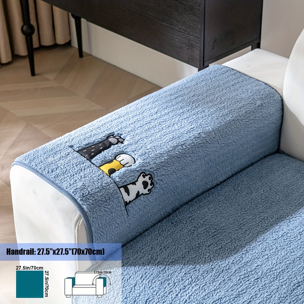1pc Thickened Sherpa Sofa Couch Cover with Embroidered Cute Cat Paw , Thick Plush Seat Cushion Protector, Fuzzy Non Slip Sofa Slipcover, Pet-Friendly And Machine Washable Furniture Protector, Home Decor