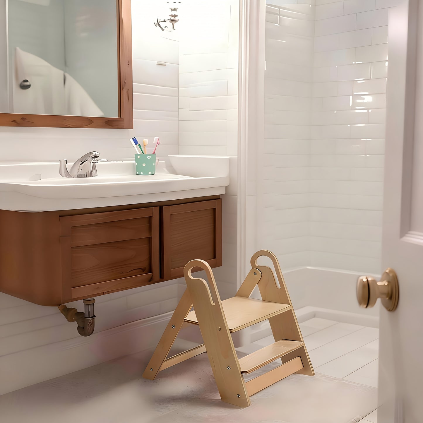Portable Toilet Seat with Foldable Step Stool, Foldable Non-Slip Double-Tier Step Stool with Handle Design, Suitable for Bathroom Sinks, Kitchens, Bedroom Countertops, And Toilet Training