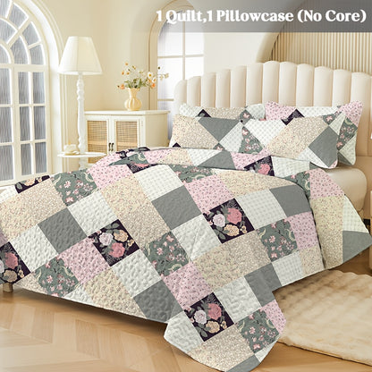 2/3pcs Quilt Set Queen King Twin Full Size Women Mother Valentine Day Gift, Lightweight Floral Patchwork Comforter Bedding Set, Quilted Bedspreads Bed Cover Boho Green Blue Pink Plaid, Soft Cozy Blanket Coverlet With Pillow Shams Spring Summer Autum