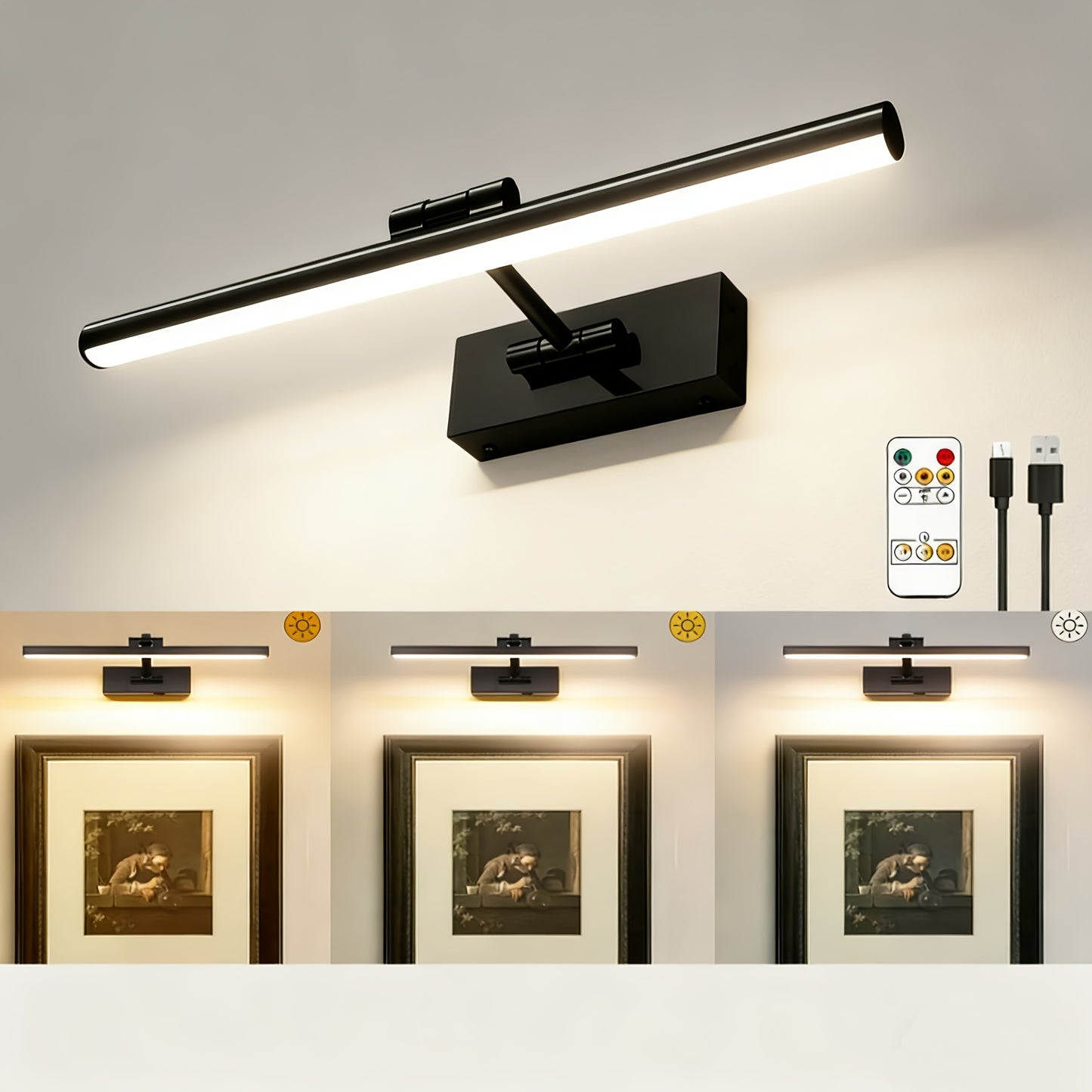 16'' Picture Light with Adjustable Brightness - Wireless Battery-Powered Wall Light (6000mAh), Remote-Controlled Atmosphere Art Light for Displaying Photos, Frames & Portraits, Enhances Home Ambiance