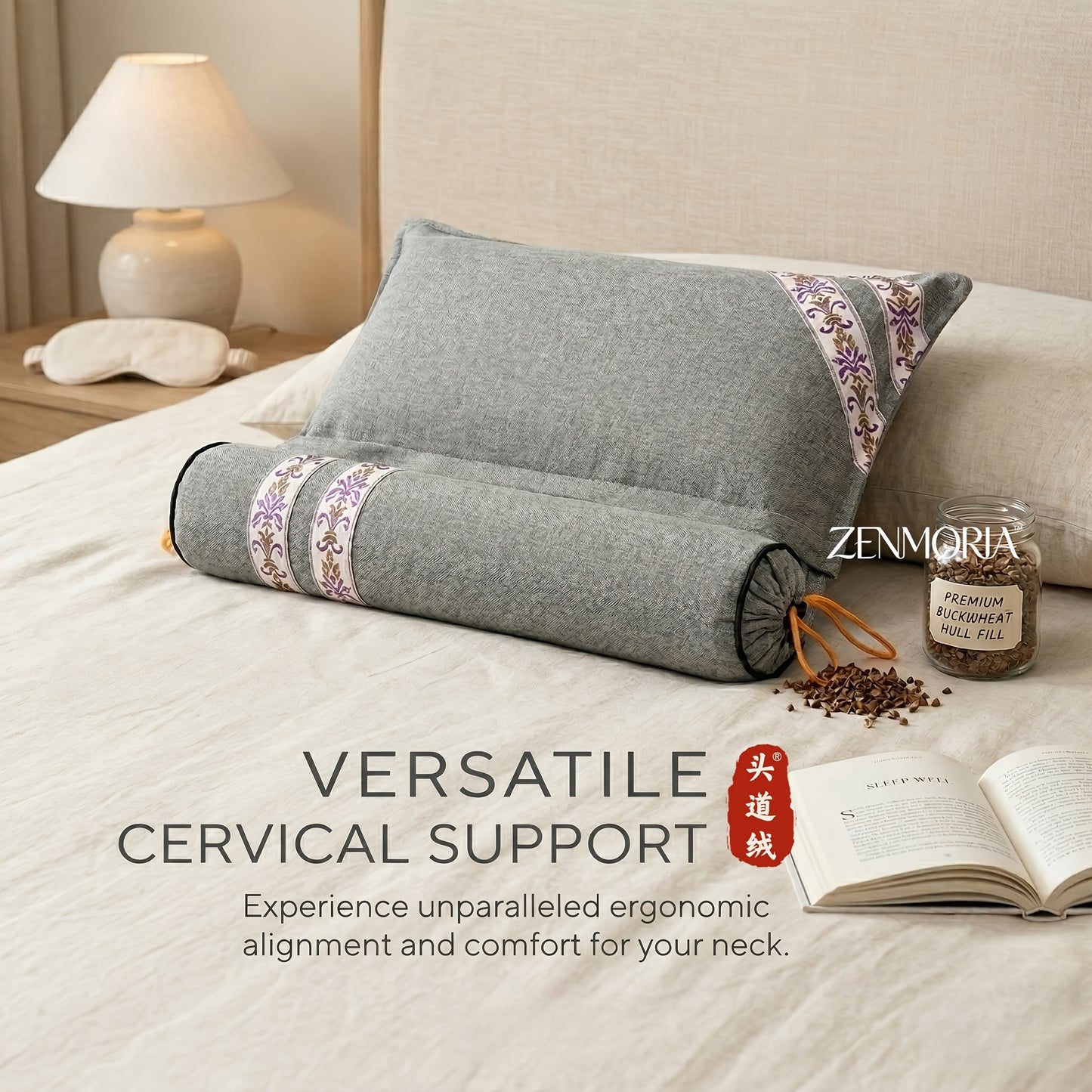 Detachable 2-in-1 Pillow, Premium Buckwheat Filled, Ergonomic Comfort & Relaxing Pillow for American Lifestyle..