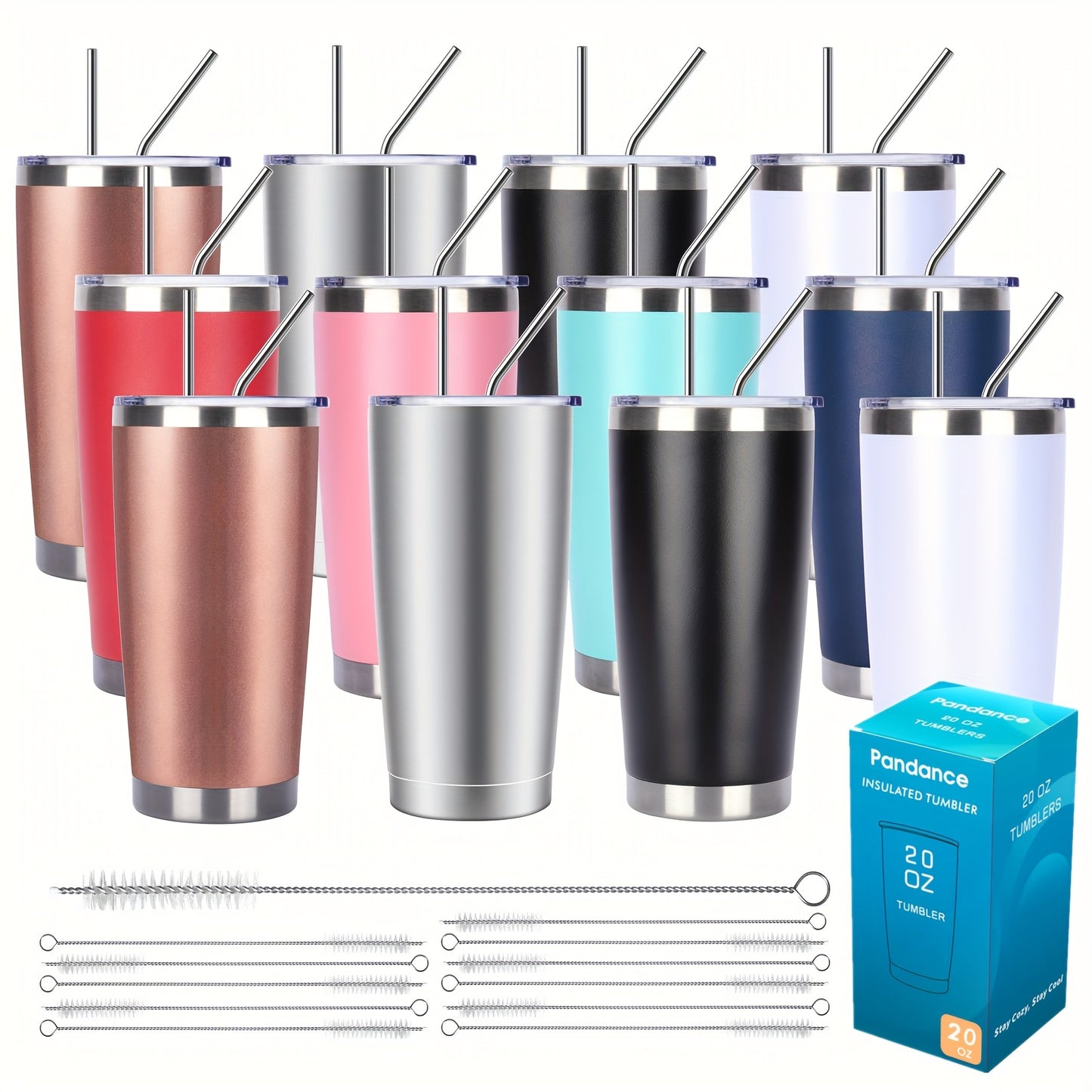 8/12/24pcs 20Oz 304 Stainless Steel Insulated Tumblers with Lid And Straw Bulk, Double Wall Vacuum Water Cups for Hot & Iced Coffee Drinks Travel Mug