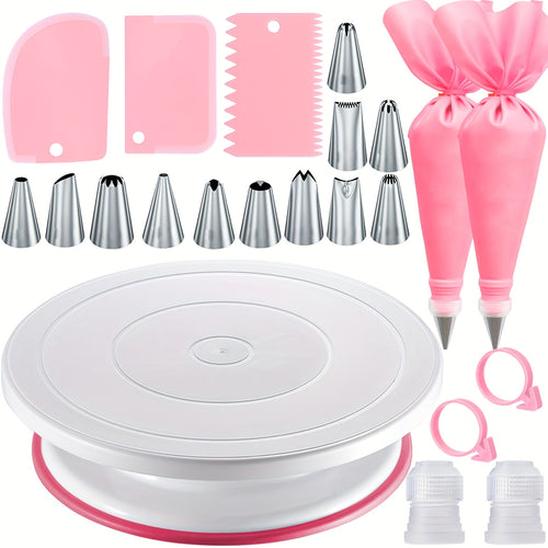 22pcs Velostar Cake Decoration Set Featuring Stainless Steel Piping Tips, Two Pastry Bags, Three Scrapers, And a Cake Turntable Stand - Ideal for Holiday Baking And Festive Cake Decoration Supplies