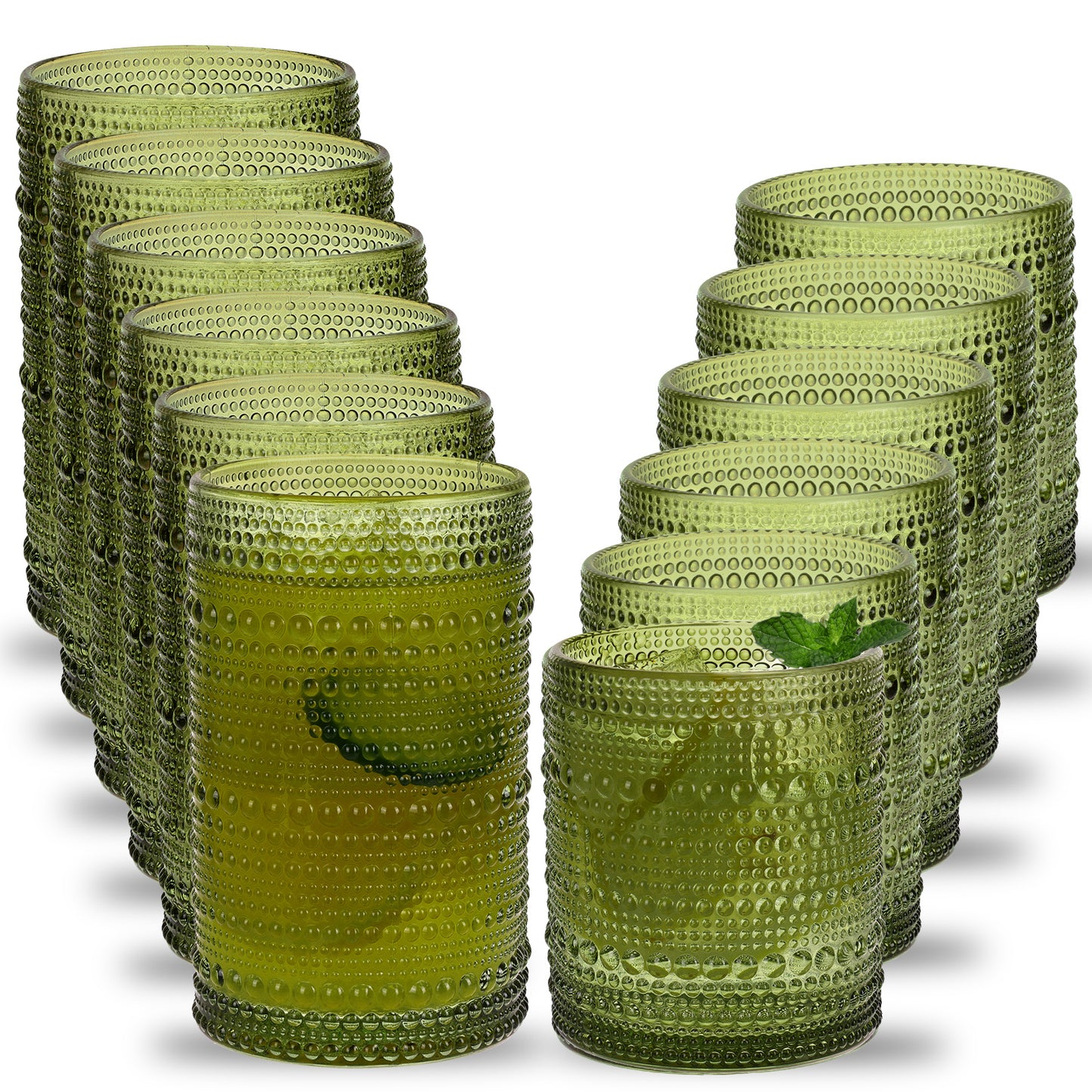 WHONLINE 12 PCS Hobnail Drinking Glasses, Party Cup,12 Oz Highball Glasses & 10 Oz Glasses, Embossed Boho Glass Cups Kitchen Tumbler Glassware For Tea, Beer, Juice, Milk, Hand Wash Only (Dishwasher Can Cause Fading)