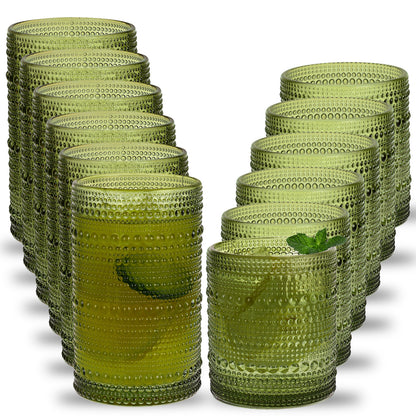 WHONLINE 12 PCS Hobnail Drinking Glasses, Party Cup,12 Oz Highball Glasses & 10 Oz Glasses, Embossed Boho Glass Cups Kitchen Tumbler Glassware For Tea, Beer, Juice, Milk, Hand Wash Only (Dishwasher Can Cause Fading)