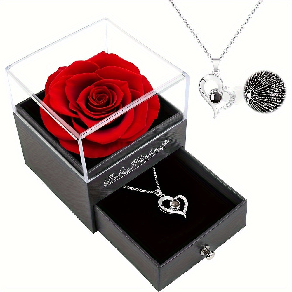 Preserved Real Cyan Rose Gift with I Love You in 100 Languages Necklace, Cute Gifts for Girlfriend, Women, Mom, Wife, Gifts Idea on Christmas, Valentine'S Day, Birthday, Mother'S Day