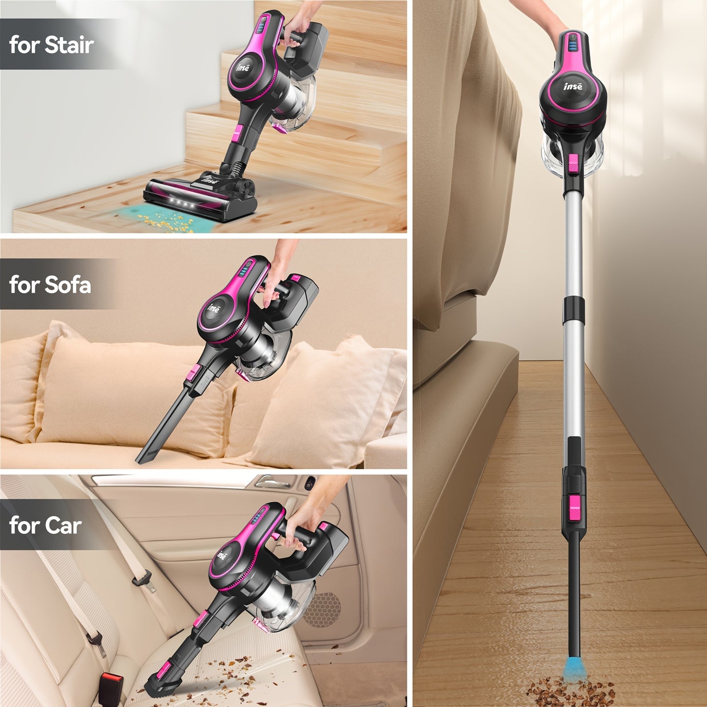 Vacuum Cleaner Cordless & Corded 2-in-1, INSE 35-70KPA Powerful Suction 6-in-1 Handheld Vacuum with Detachable Battery, 45-Min Runtime, 50.5oz Dust Cup, LED Brush – For Home Hardwood Floor Carpet Pet Hair