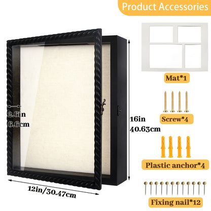 Shadow Box Frame with Linen Back – Large Rustic Memory Display Case 11x14 & 12x16 Inch for Photos, Medals, Coins, Pins, Flowers & Collectibles, 4 Removable Shelves, Black White Brown