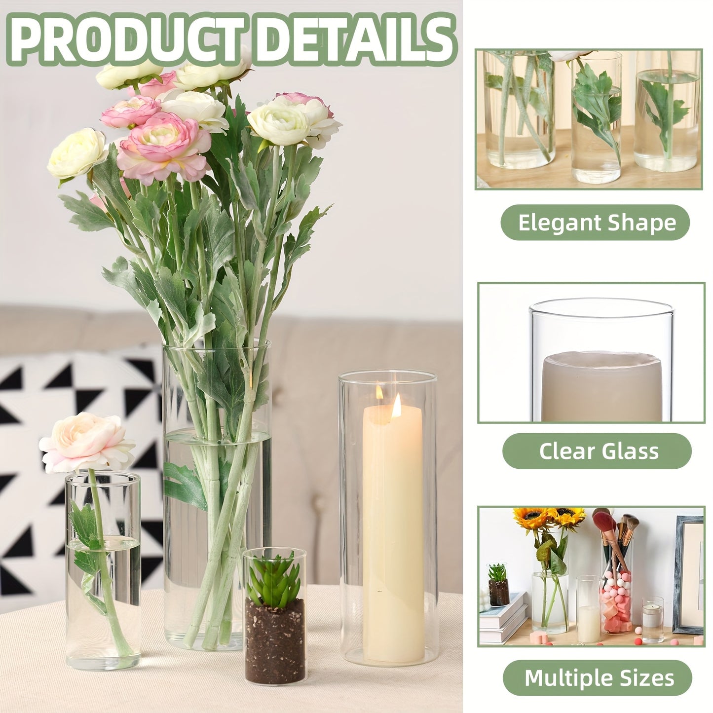 TOMNK 12/24/48pcs Clear Glass Cylinder Vases, 4, 6, 8, 10 Inch Tall Cylinder Vases for Centerpieces, Glass Flower Vase, Hurricane Floating Candle Holder Vase for Kitchen, Party, Wedding, Home Decor, for Valentines Decorations, Halloween, Christmas