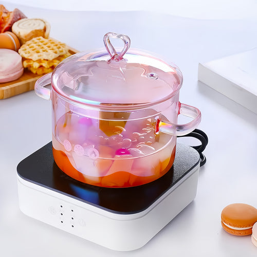 Pink Glass Cooking Pot, Heart-shaped Cover, Boiling Pot, Stewing Pot, Multi-function Glass Cooking Pot, Suitable For Pasta, Steak Sauce, Congee, Lamian Noodles, Soup And Salad - Compatible With Electric Ceramic Stove, Kitchen Supplies, 1500ml/50oz