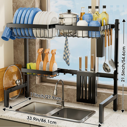 Expandable Multi-Tier Black Kitchen Organizer with Dish Rack, Drainage Tray, Spice Shelf & Towel Holder - Space-Saving Sink Storage for Dishes, Utensils | Durable Black Metal | Dustproof Design, Kitchen Accessories, Kitchen Organizers And Storage