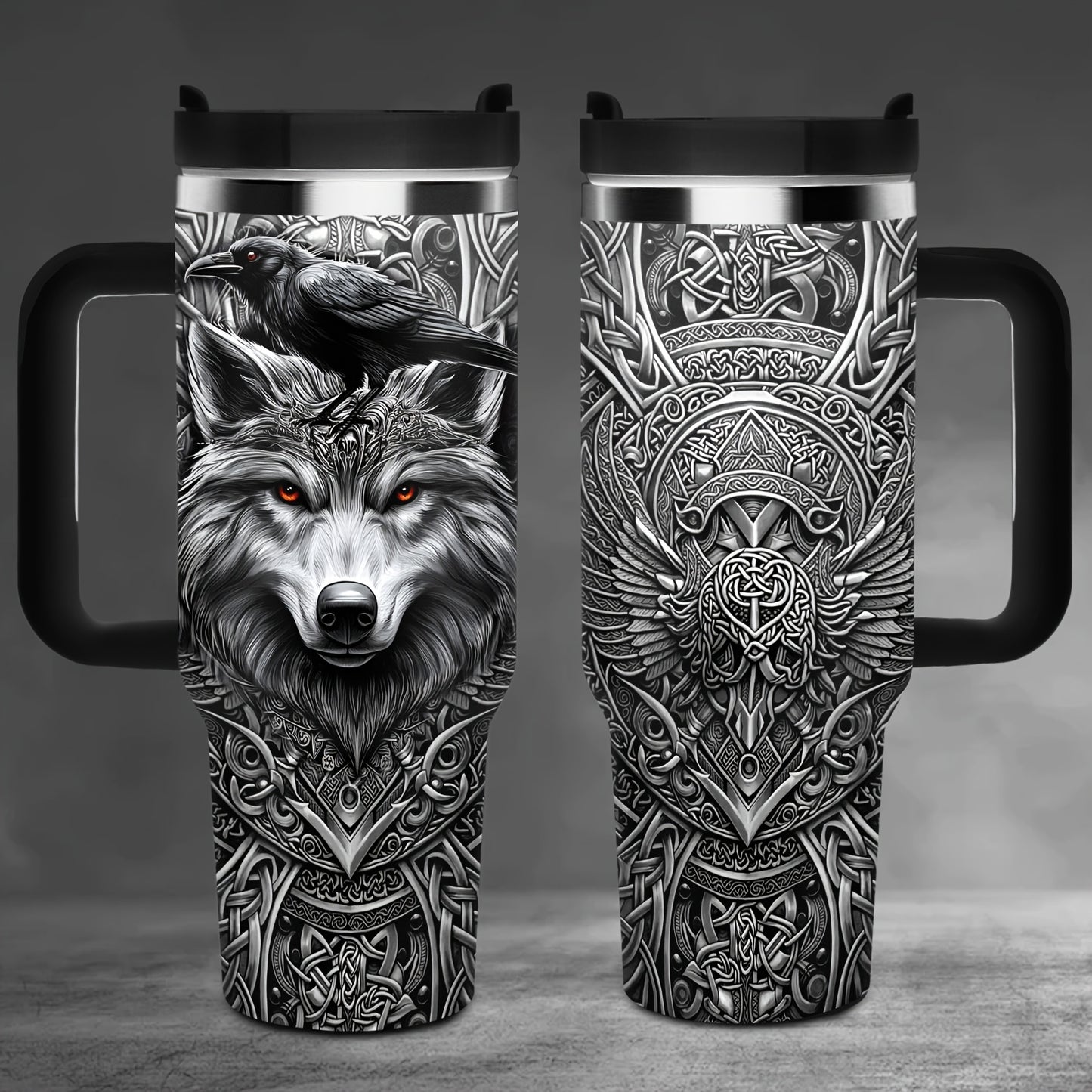 1pc 40oz Viking Wolf Raven 40oz Tumbler with Handle, Norse Mythology Celtic Knot Stainless Steel Insulated Travel Mug, Gifts for Viking Lovers