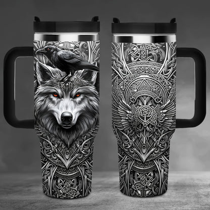 1pc 40oz Viking Wolf Raven 40oz Tumbler with Handle, Norse Mythology Celtic Knot Stainless Steel Insulated Travel Mug, Gifts for Viking Lovers