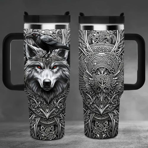 1pc 40oz Viking Wolf Raven 40oz Tumbler with Handle, Norse Mythology Celtic Knot Stainless Steel Insulated Travel Mug, Gifts for Viking Lovers