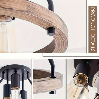 Contemporary Farmhouse Semi-Flush Ceiling Lamp - 3-Bulb Wooden And Metal Design, Rustic Industrial Lighting for Hallways/Entrances Suitable for Kitchen, Bedroom, Dining Area, Laundry Room (Bulb Not Included)