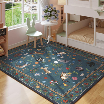 Boho Cat Floral Area Rug – Vintage Blue Animal Print Low Pile Carpet, Non-Slip Soft Rug for Living Room, Bedroom & Dining Room, Round & Runner Sizes, Easy Clean