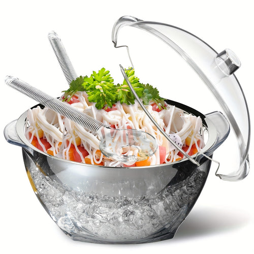 Large Ice Chill Salad Bowl with Lid, Large Salad Bowl with Ice Chiller Base And Lid, Kitchen Refrigerated Veggie Tray with Two Long Spoons, Party Platters for Food, Clear