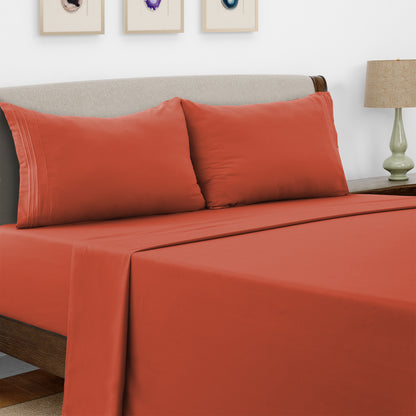Lux Decor 4 Pieces Solid Bed Sheets - Stylish Comfy Bedding Set - Hotel Luxury Skin Friendly Cooling Sheets & Embroidered Pillowcases Without Filler - Classic Collection With 16 Inches Deep Pocket - Brushed 100% polyester- Shrinkage & Fade Resistant
