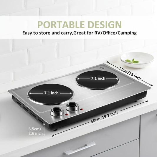 Electric Infrared Cooktop Double Burner Hot Plate – 1800W Portable Dual Temperature Control, Easy-Clean Smooth Surface, Countertop Infrared Stove for Home Kitchen & Dorm, Black or Silver