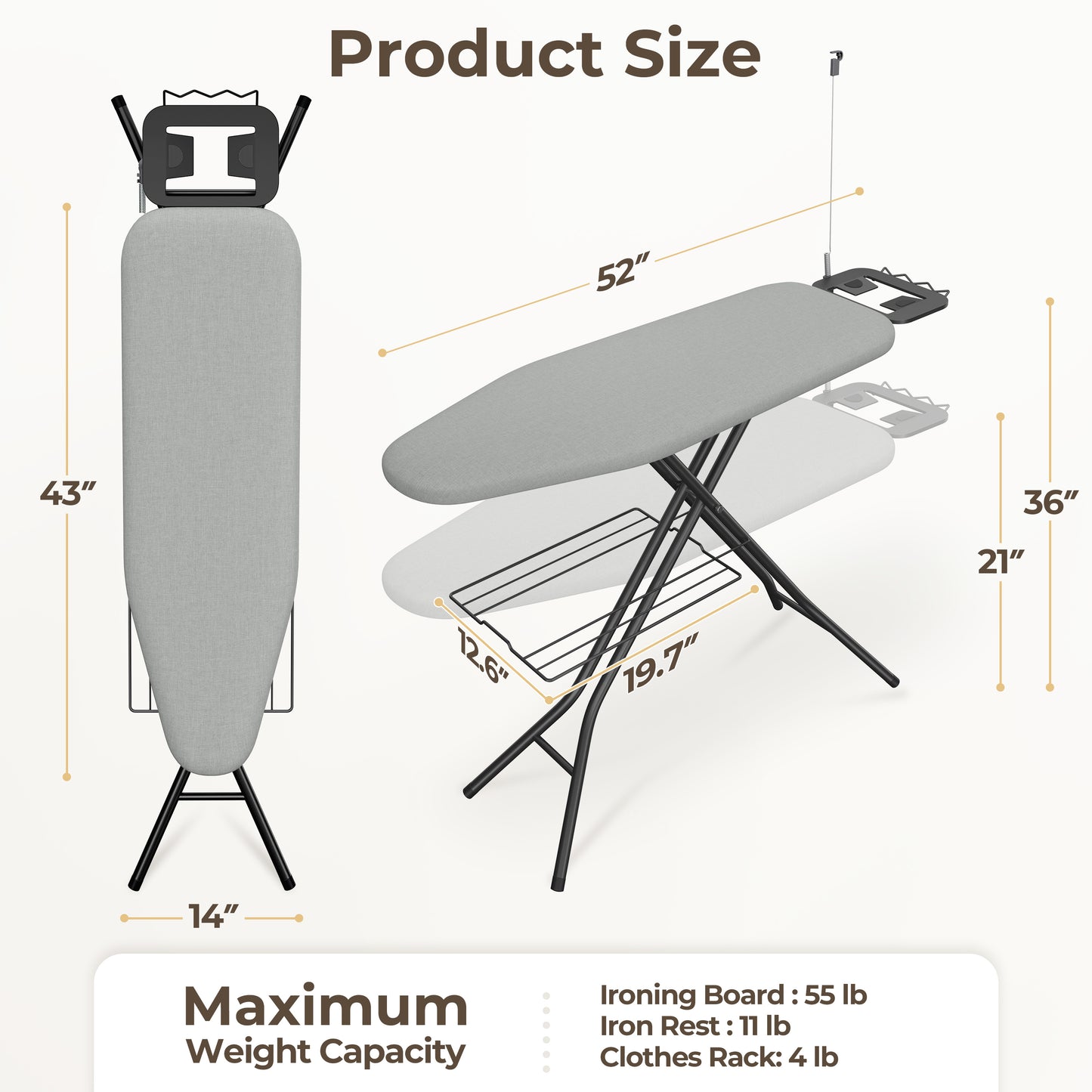 Costoffs Full Size Ironing Board with Clothes Rack Foldable & Height-adjustable Iron Table with Cord Holder/4 Legs/4-layer Pad for Laundry/Living Room/Dormitory, Beige/Gray