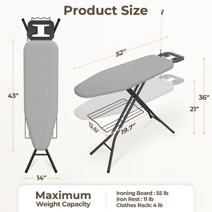 Costoffs Full Size Ironing Board with Clothes Rack Foldable & Height-adjustable Iron Table with Cord Holder/4 Legs/4-layer Pad for Laundry/Living Room/Dormitory, Beige/Gray