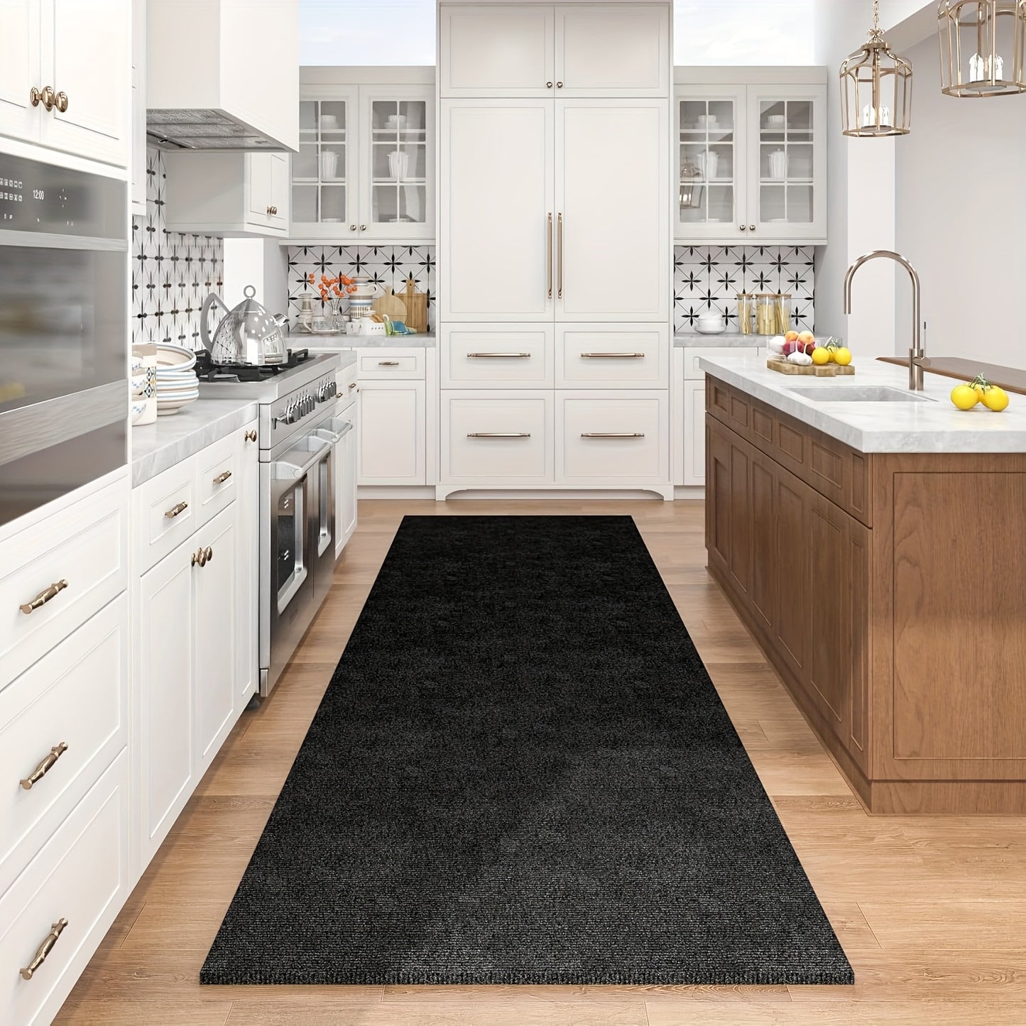 1roll Durable Non-Slip Striped Runner Mat | Machine Washable Polyester Mat for Hallway, Kitchen, Living Room, Garage, Patio - Black with White Stripes, Easy to Clean, Decorative Floor Covering, VOTUDX