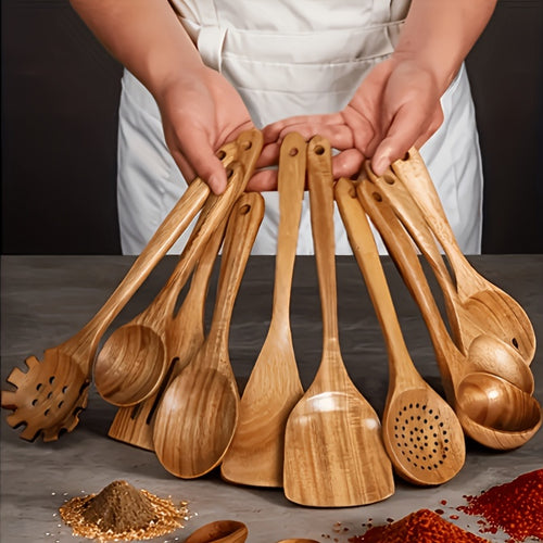 6/10pcs Wooden Kitchen Utensils, Non-Stick Cookware Set, Natural Wooden Spoon, Mixing Spatula And Wok Spatula With Ergonomic Handle, Suitable For Non-stick Pans, Heat-resistant, Easy To Clean And Durable Kitchen Essential Cookware Accessories.