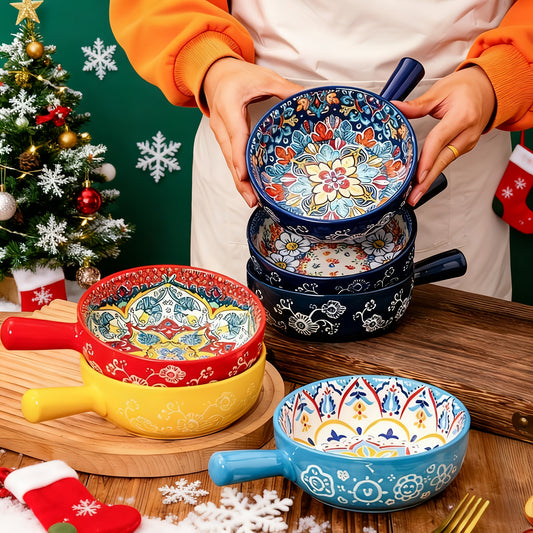 Ceramic Salad Bowl Set of 4 Bohemian Style 8.7 Inch with Handles Microwave and Oven Safe Colorful Serving Bowls for Home Baking Table Serving Gift