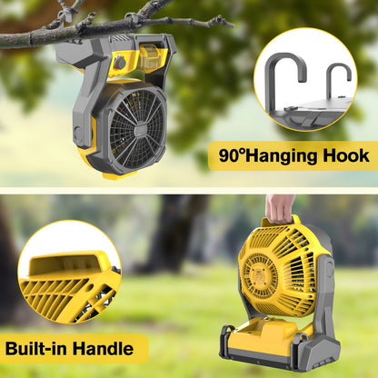 Portable Electric Fan for Camping by A, Compatible with for Dewalt 20V Max, Features Cordless Operation, Adjustable Speed, Built-In LED Lights, And a Hook for Hanging. Sold Separately