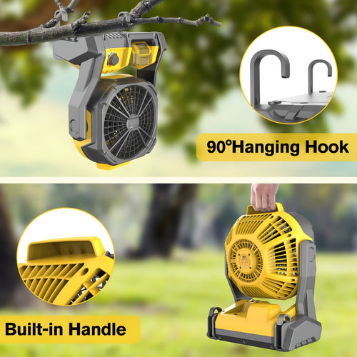 Portable Electric Fan for Camping by A, Compatible with for Dewalt 20V Max, Features Cordless Operation, Adjustable Speed, Built-In LED Lights, And a Hook for Hanging. Sold Separately