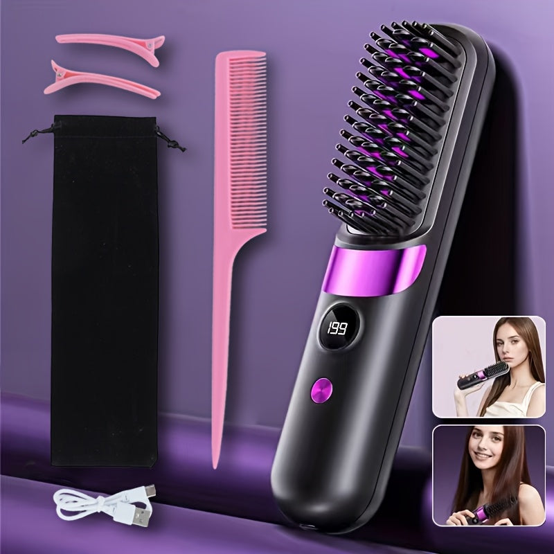 Portable Wireless Hair Straightener Comb - USB Charging, 3-Speed Temperature Control, Negative Ion Technology, Long-Lasting Luster, LED Display Screen, Lightweight, Perfect for Travel, with Comb And Clip Included