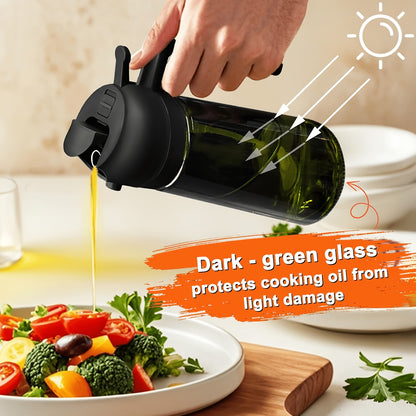 Set of 2 Glass Bottles for Olive Oil, Featuring a Dual Function for Drizzling And Spraying. The Dark Green Glass Helps to Keep The Oil Fresh by Blocking Out Light. Each Bottle Holds 16Oz/480Ml