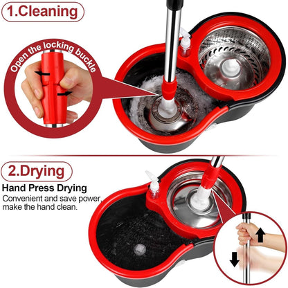 Spin Mop and Bucket with Wringer Set, 360° Spinning Mop Bucket System with 4 Microfiber Mop Replacement Heads and Stainless Steel Adjustable Handle for Floor Cleaning