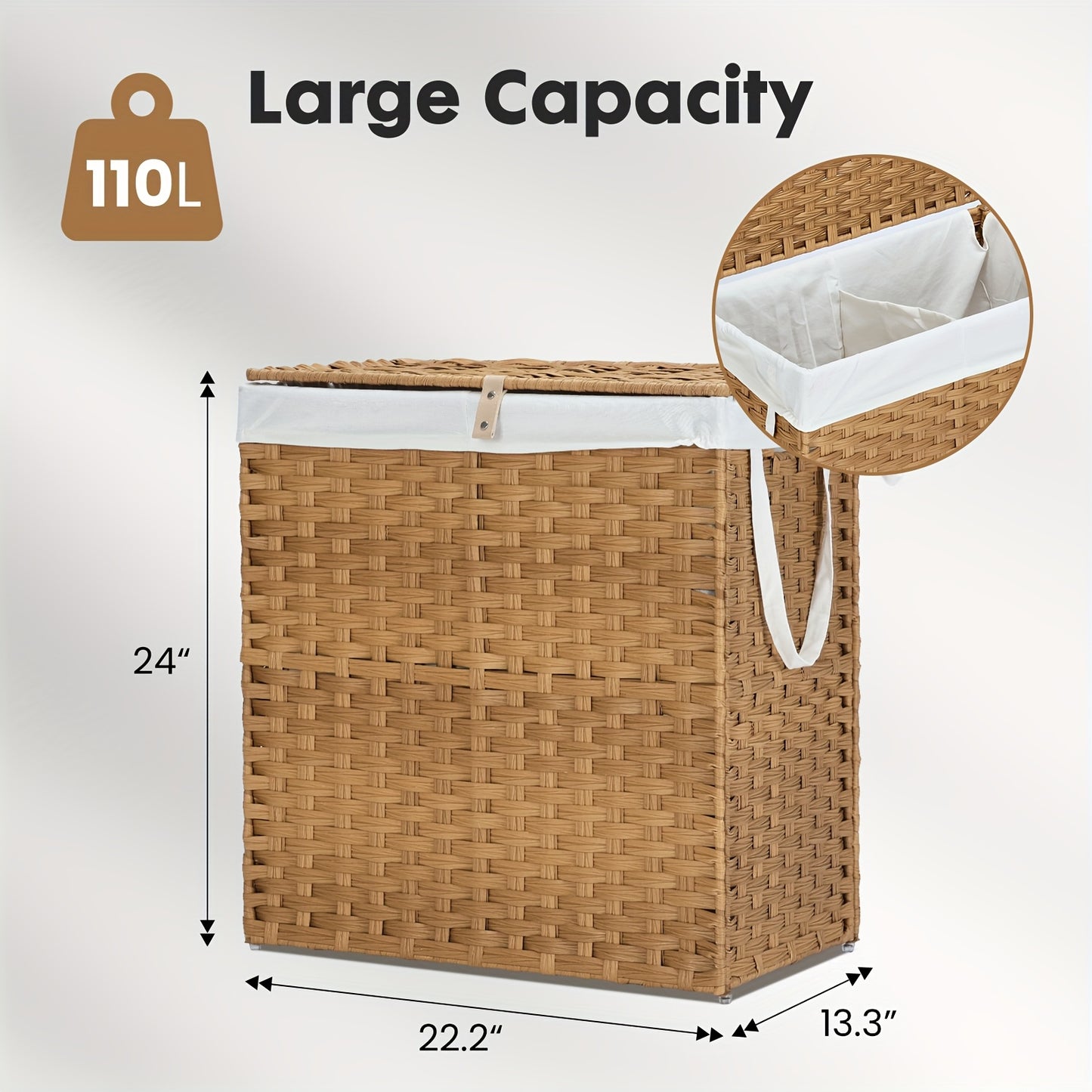 Laundry Basket with Lid 29.06gal Large Capacity Hamper Removable Machine Washable Liner Foldable Rattan Clothes Hamper Sturdy Steel Frame for Bathroom Storage Solution, Laundry Baskets