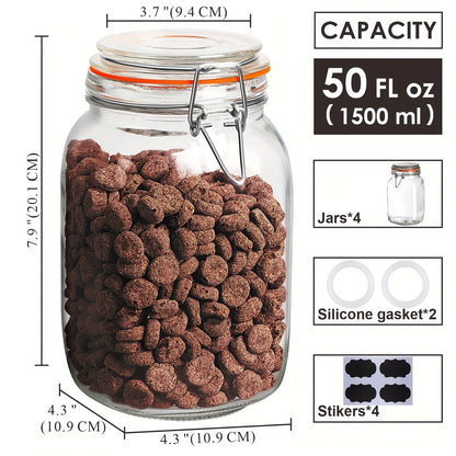 4 Pack, 50oz Glass Jars with Airtight Lids, Wide Mouth Mason Jars with Clip Top Lids for Kitchen - Square Glass Jars with Chalkboard Labels And Replacement Silicone Gaskets