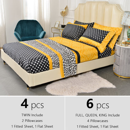4/6pcs Printed Microfiber Bed Sheet Set – Easy Care, Lightweight, Breathable, and Soft - 14 inches Deep Pocket - Patchwork Patterned - Twin, Full, Queen and King