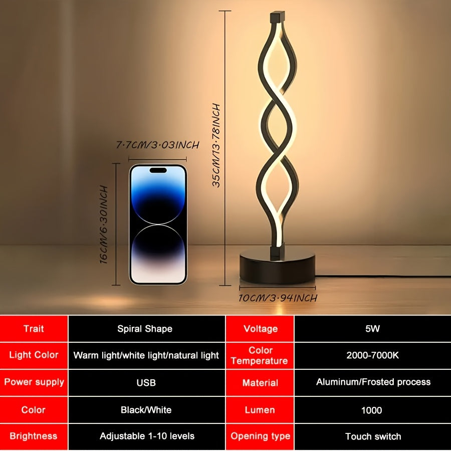 Spiral LED Table Lamp, 2/1Pack Modern Minimalist Waves Dimmable Desk Lamp, 3 Color with Usb Adpter Charging Bedside Lamp with Metallic Base, Creative Curved LED Small Night Lamps for Living Room, Bedroom, Office, Study