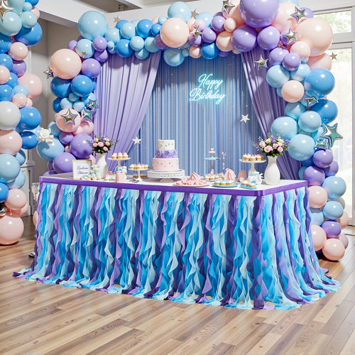 6ft Polyester Willow Table Skirt for Rectangle Round Tables, Ruffle Curly Lace Ballet Tablecloth, Princess Girls Birthday Party Cake Tutu Table Skirt Table Decorations, Christmas Halloween Decoration, Table Skirts for Party Tables, Festive Table Cover, Ev