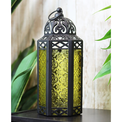 Moroccan Candle Lantern Holder - Decorative Metal & Glass Lantern with Embossed Floral Design for Indoor Home Decor, Garden, Patio, Weddings, Ramadan, Halloween & Holiday Celebrations - 10.5" Tall Medium Size
