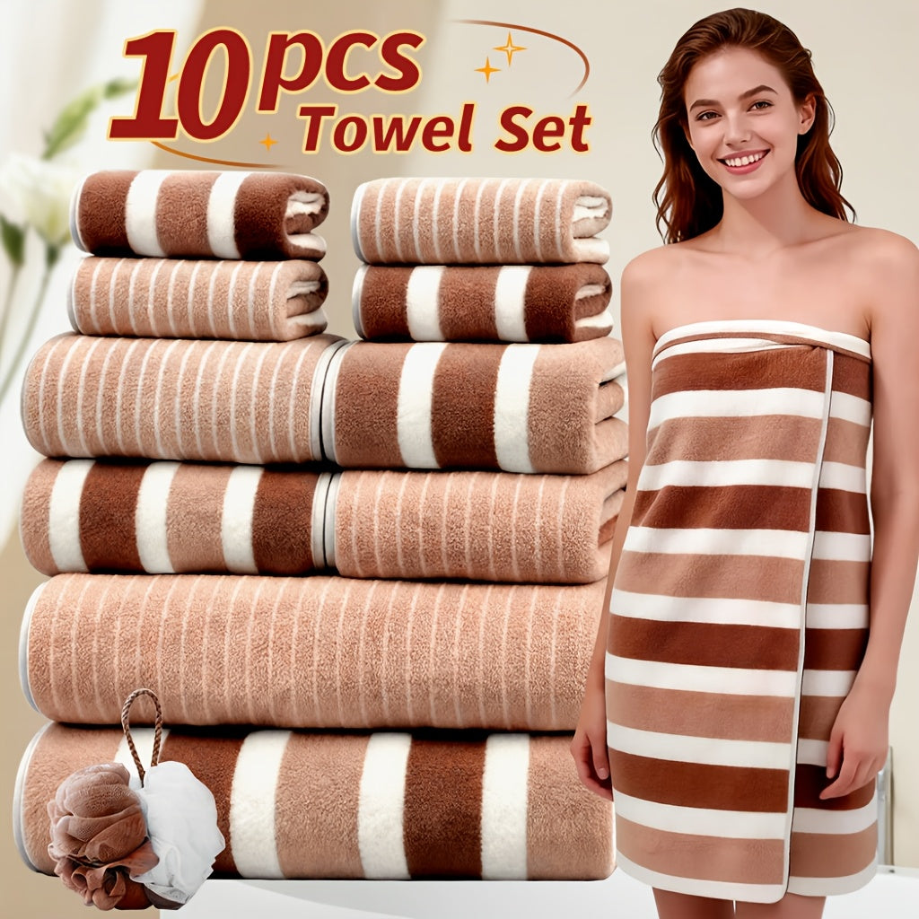 10pcs/3pcs/1pc Towel Set, No Hair Loss, Super Water Absorption,Ultra-Soft Microfiber Beach Towels for Adults, Super Soft Five-star Hotel Standard Two-color Striped Interval Bath Towel Combination(11.81x11.81inch, 13.78x29.53inch, 27.56x55.12inch)