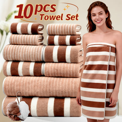 10pcs/3pcs/1pc Towel Set, No Hair Loss, Super Water Absorption,Ultra-Soft Microfiber Beach Towels for Adults, Super Soft Five-star Hotel Standard Two-color Striped Interval Bath Towel Combination(11.81x11.81inch, 13.78x29.53inch, 27.56x55.12inch)