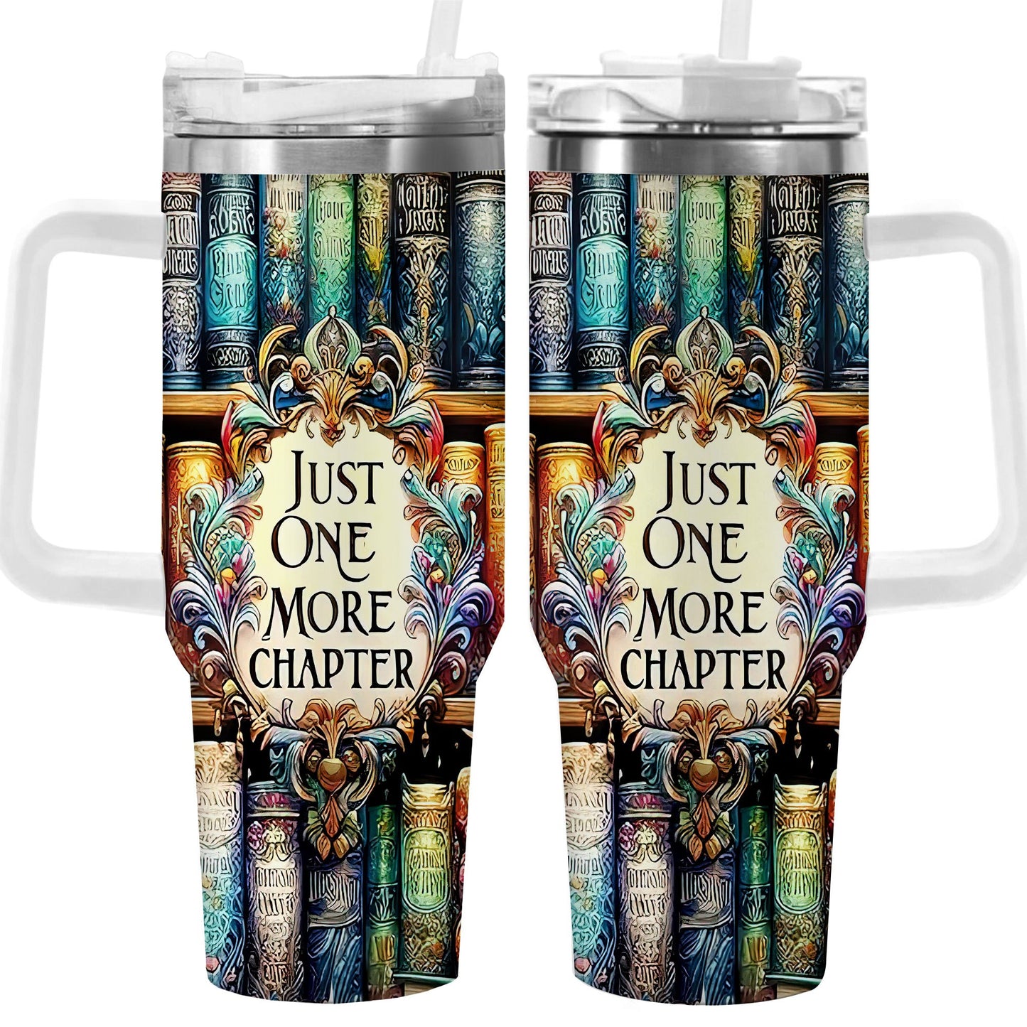 1pc 40oz Vibrant Bookshelf Art Tumbler, Double Wall Vacuum Insulated Travel Mug, Spill Proof Lid, Gift for Dad, Mom, Ideal for Christmas, Father's Day, Birthday Gift, Coffee Cup