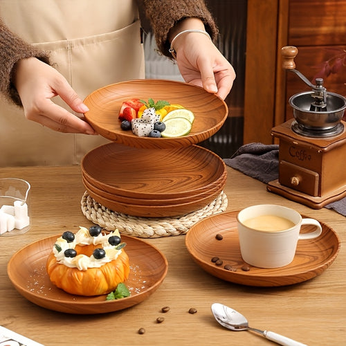 Wood Grain Plastic Dinner Plates Set of 10 - 7.8 Inch Salad Serving Plates for Kitchen Dining Table