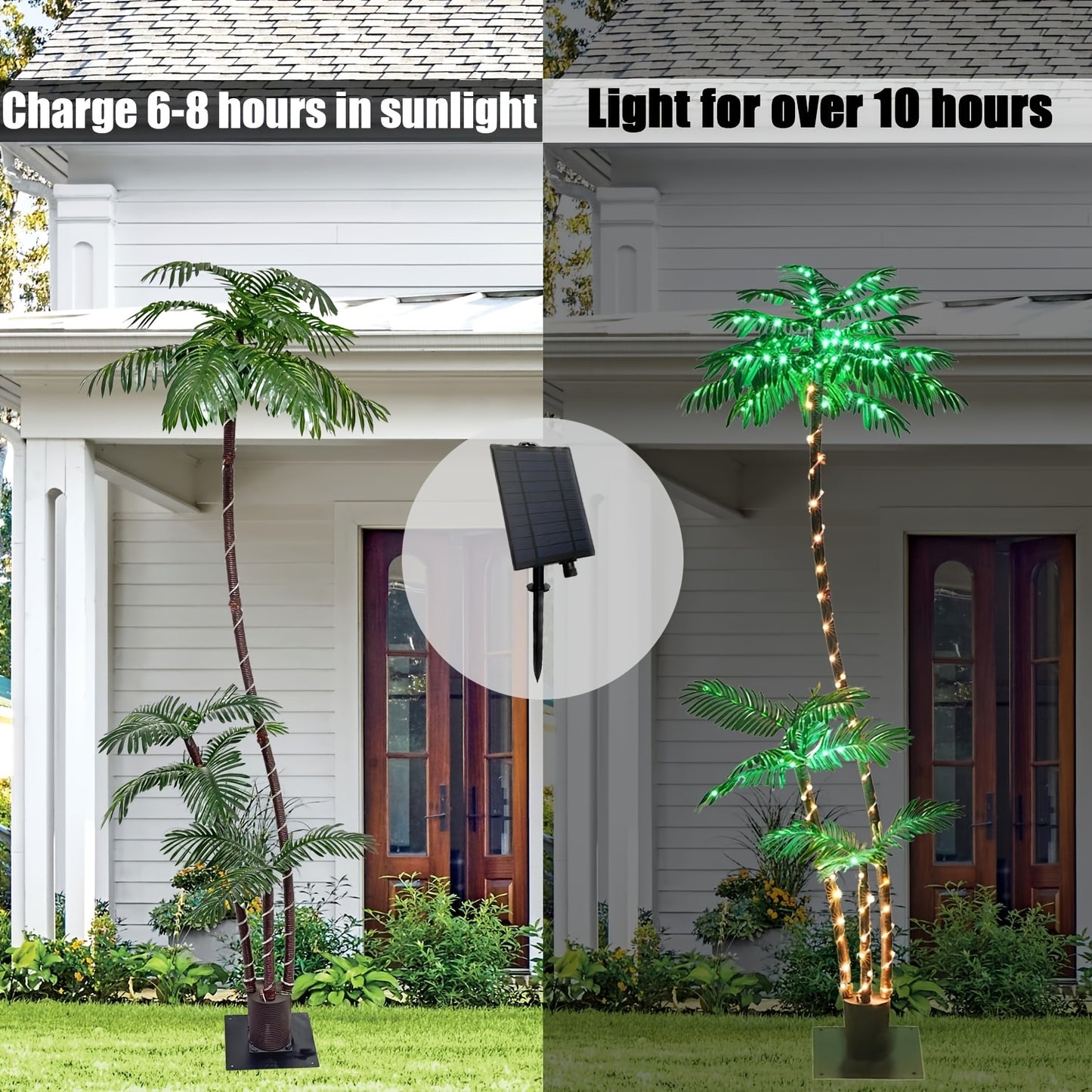 Solar Powered Artificial Palm Tree 7ft Triple Trunk 260 LED Lights 8 Modes Dimmable Timer 2200mAh Battery Metal Base Outdoor Indoor Decor Tiki Bar Patio Beach Garden Christmas Halloween Party