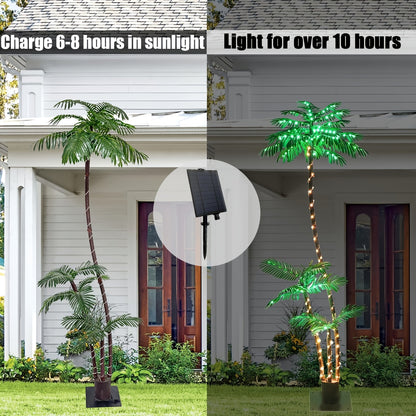 Solar Powered Artificial Palm Tree 7ft Triple Trunk 260 LED Lights 8 Modes Dimmable Timer 2200mAh Battery Metal Base Outdoor Indoor Decor Tiki Bar Patio Beach Garden Christmas Halloween Party