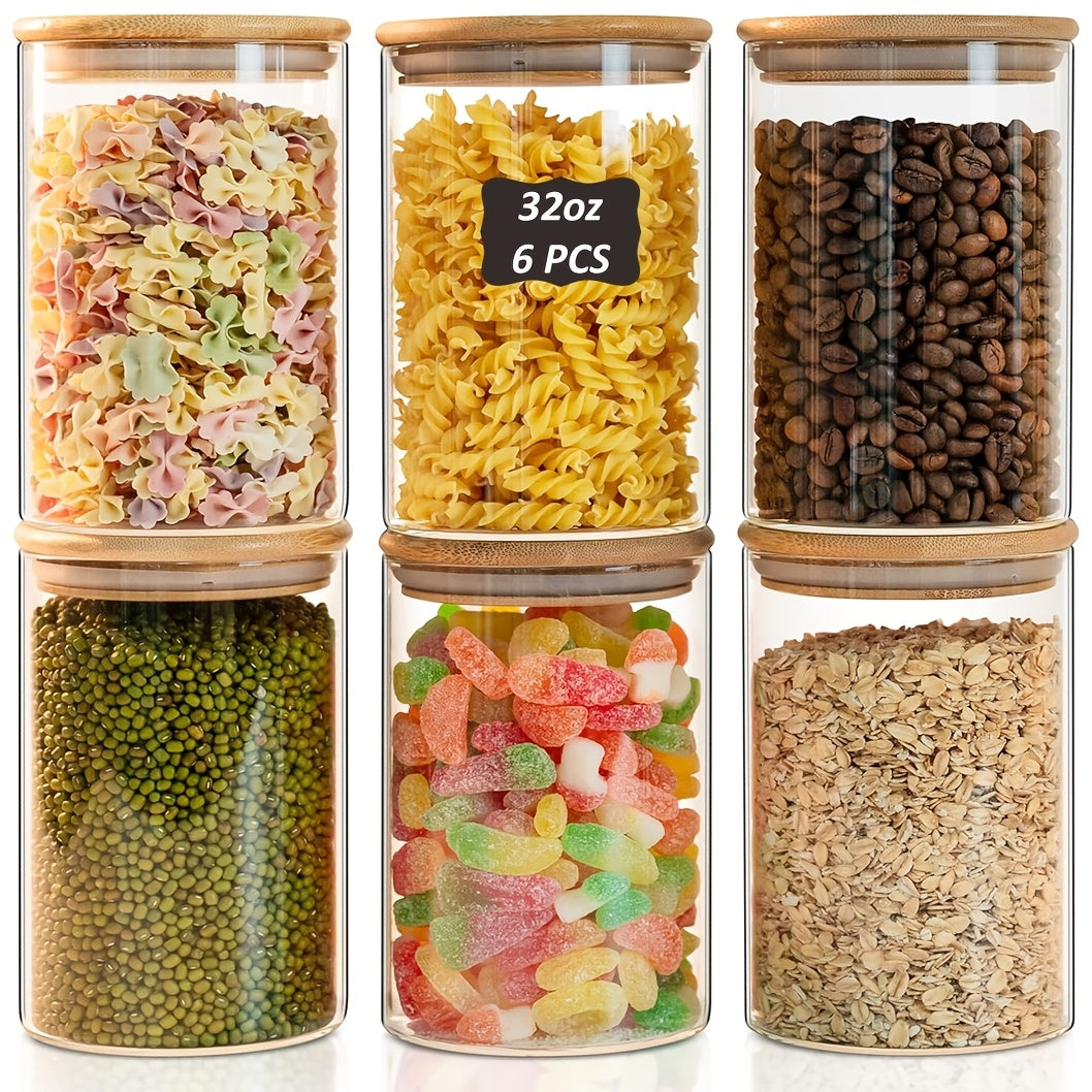 6pcs Glass Storage Containers with Labels And Pen, 32Oz Airtight Food Storage Containers with Bamboo Lids, Clear Glass Jars for Pantry, Kitchen, Flour, Sugar, Tea, Coffee, Snack, Spice And Herbs