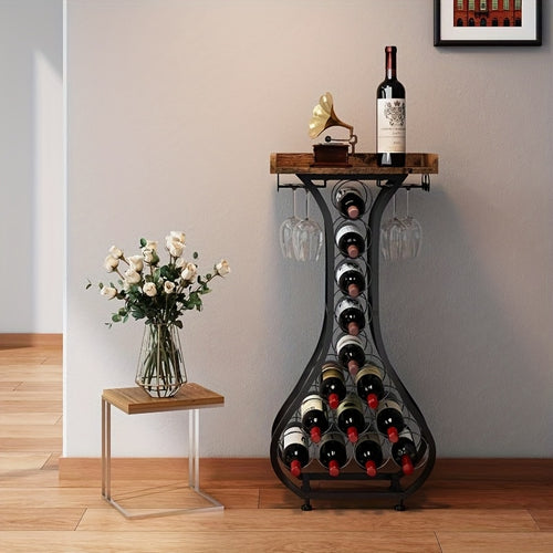 Wine Rack Freestanding Floor, Mini Bar Table Wine Holder Stand Liquor Cabinet with Glass Holder Wood Tabletop 14 Bottles Floor Wine Storage for Home Bar Kitchen Living Room