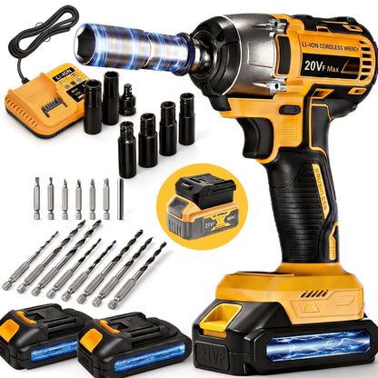 Cordless Impact Wrench/drill, 259Ft-lbs (450N.m) Brushless 1/2 Inch, 3300RPM High Torque Impact Gun, Tool Only Or 2x 4.0Ah Battery, Charger, 12 Sockets, Longer Runtime | Fast Charger | Variable Speed Control | Brushless Motor for Auto Repair/Car/Home