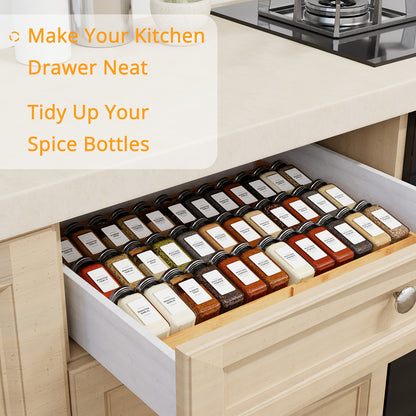 Expandable 4-Tier Bamboo Spice Drawer Organizer For Kitchen Cabinets, Fits Drawers 3" Deep, Adjustable Width 12" To 23", Space-Saving Seasoning Storage Tray (Jars Not Included)